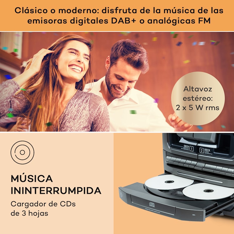 Franklin Sistema estéreo Tocadiscos Triple CD BT Casetes AUX Puerto USB Plata