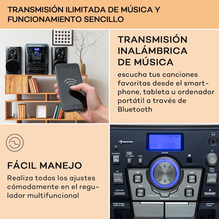 Franklin Sistema estéreo Tocadiscos Triple CD BT Casetes AUX Puerto USB Plata