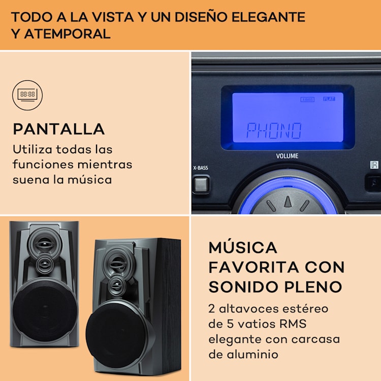 Franklin Sistema estéreo Tocadiscos Triple CD BT Casetes AUX Puerto USB Plata