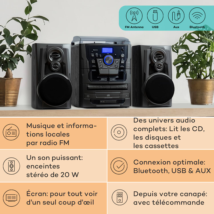 Franklin chaîne stéréo platine vinyle triple lecteur CD BT cassette AUX port USB Argent