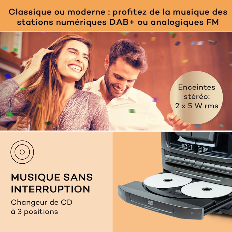 Franklin chaîne stéréo platine vinyle triple lecteur CD BT cassette AUX port USB Argent