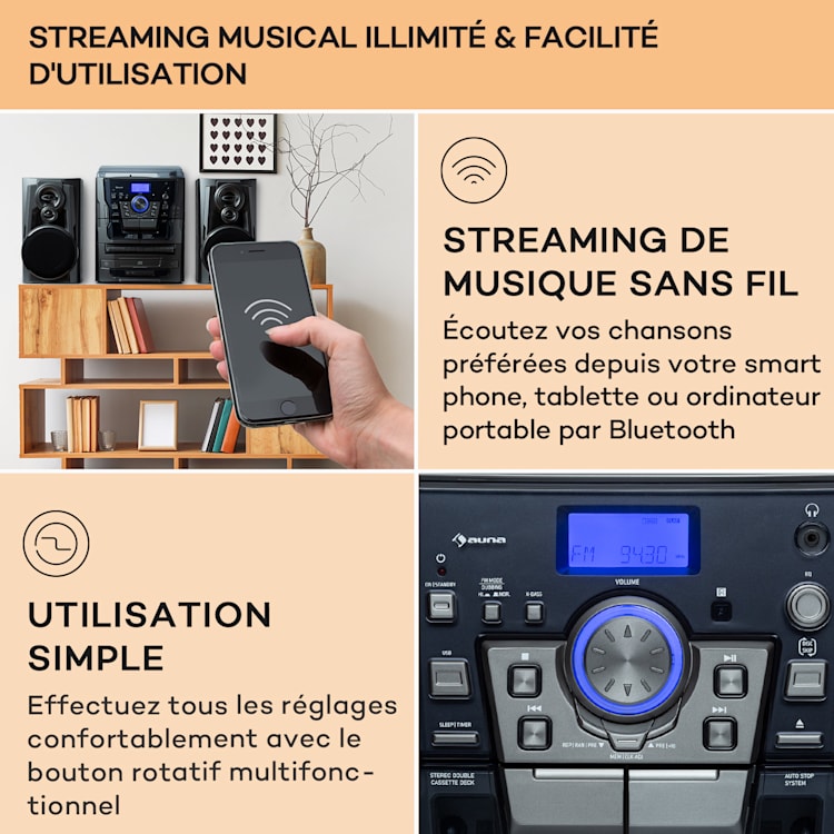 Franklin chaîne stéréo platine vinyle triple lecteur CD BT cassette AUX port USB Argent