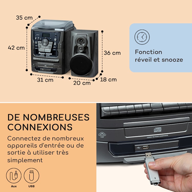 Franklin chaîne stéréo platine vinyle triple lecteur CD BT cassette AUX port USB Argent