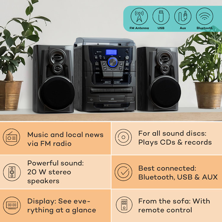 Franklin, stereo systém, gramofón, prehrávač na 3 CD, BT, prehrávač na kazety, AUX, USB port Strieborná
