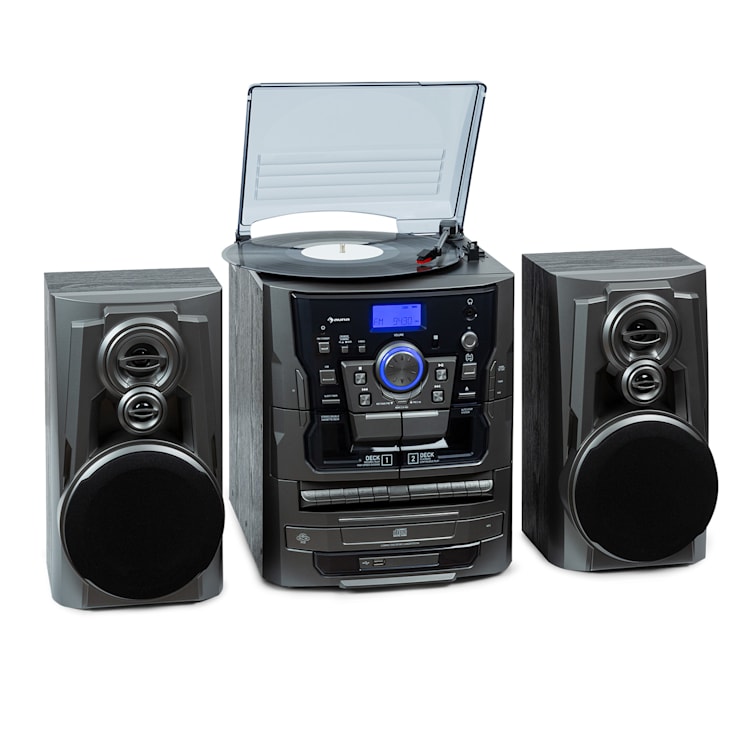 Franklin, stereo systém, gramofón, prehrávač na 3 CD, BT, prehrávač na kazety, AUX, USB port Strieborná