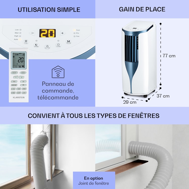 New Breeze 7 Climatiseur mobile 7000 BTU 2,1 kW jusqu'à 34 m² CEE A mobile télécommande Blanc / Bleu