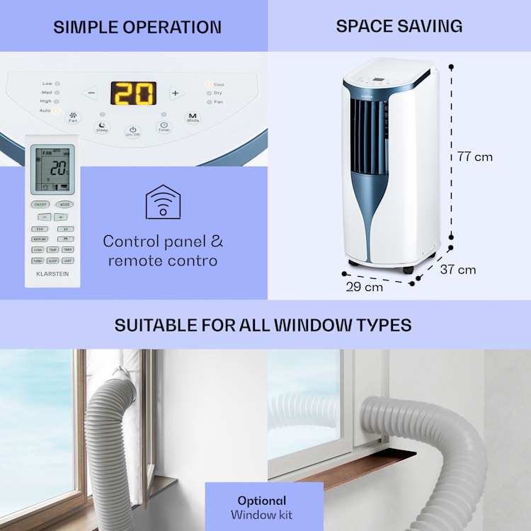 New Breeze 7, mobil légkondicionáló, 7000 BTU, 2,1 kW, 34m² -ig, A energiahatékonysági osztály, mobil távirányító Fehér / Kék