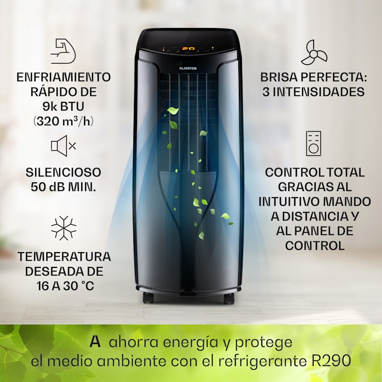 New Breeze 9 aire acondicionado portátil 4 en 1 9.000 BTU / 2,6 kW EEK A ruedas para el suelo función de temporizador Negro
