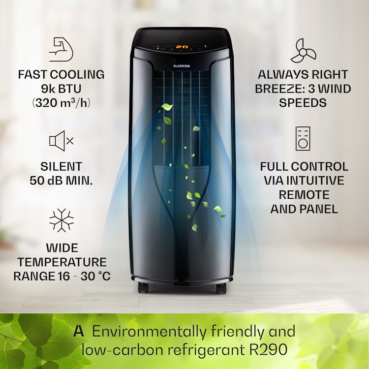 New Breeze 9, mobil légkondicionáló, 4 az 1-ben, 9 000 BTU / 2,6 kW, EEC A, kerekek, időzítő Fekete