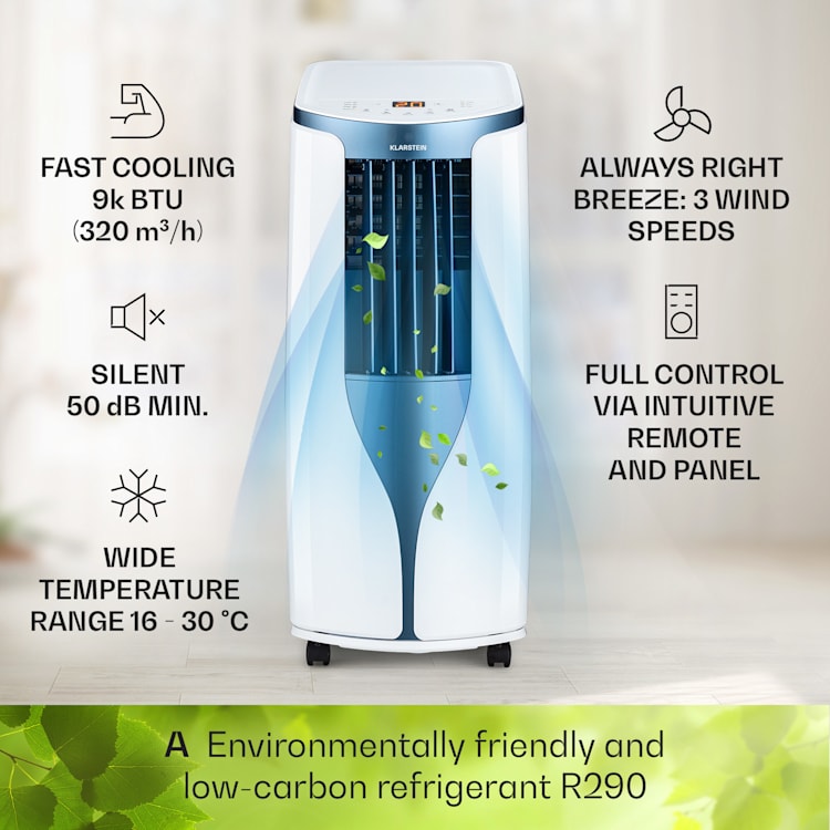New Breeze 9, mobil légkondicionáló, 4 az 1-ben, 9 000 BTU / 2,6 kW, EEC A, kerekek, időzítő 9.000 BTU | Fehér / Kék metál
