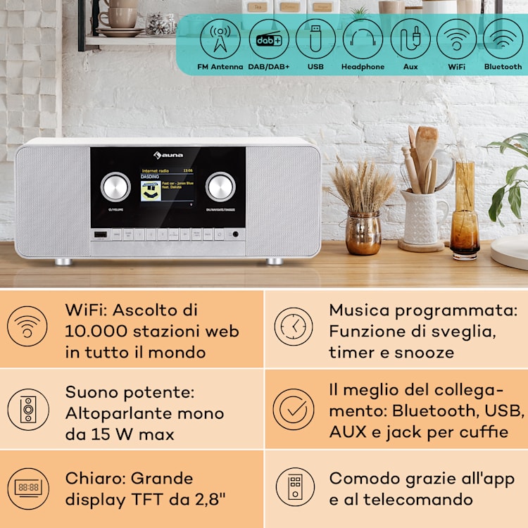 Connect 120 MKII - Radio web, Bluetooth, WiFi, DAB/DAB+, USB Bianco