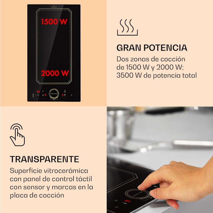 Placa de inducción Victoria Domino Instalación 3500W Zona flexible Temporizador Negro