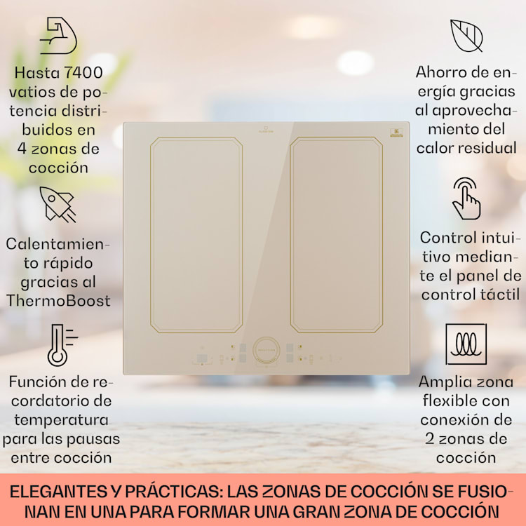 Placa de inducción Victoria 4 Flex Instalación 7000 W 2 Zonas flexibles Temporizador 4 | Marfil