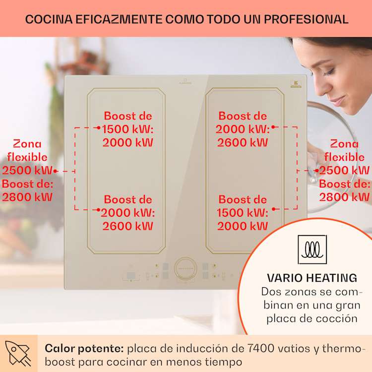 Placa de inducción Victoria 4 Flex Instalación 7000 W 2 Zonas flexibles Temporizador 4 | Marfil