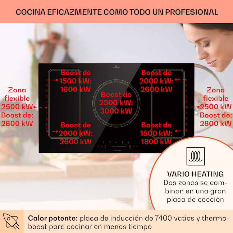 Placa de inducción Victoria 5 Flex Instalación 7400 W 2 Zonas flexibles Temporizador 5 | Negro