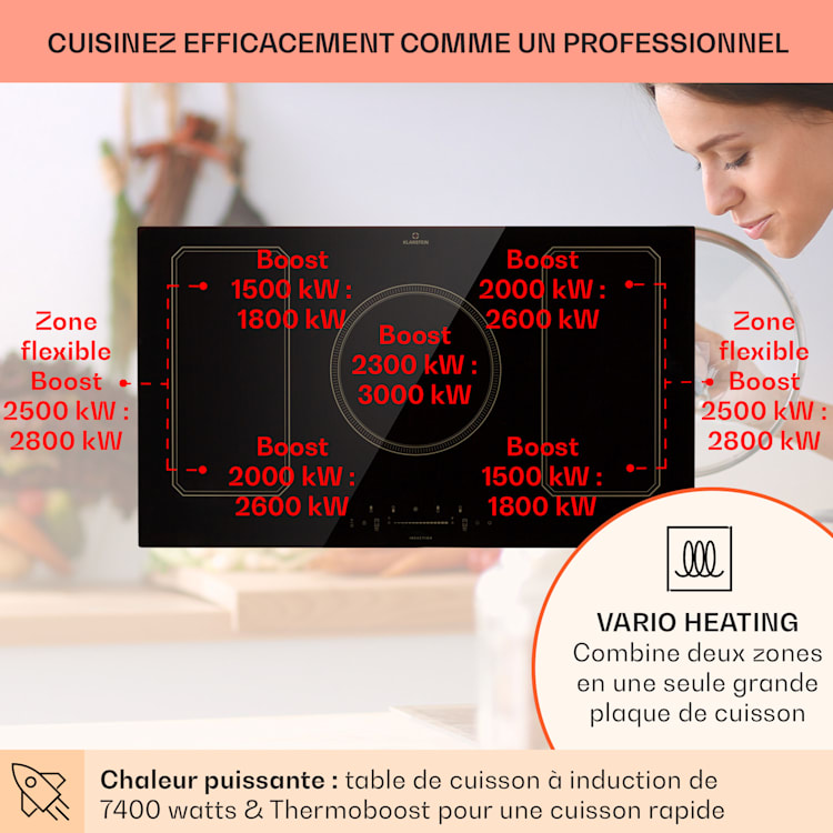 Victoria 5 Flex Table de cuisson à induction encastrable 7400 W 2 zones Flex minuterie 5 | Noir