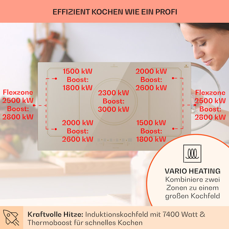 Victoria 5 Flex Induktionskochfeld Einbau 7400W 2 Flexzonen Timer 5 | Elfenbein