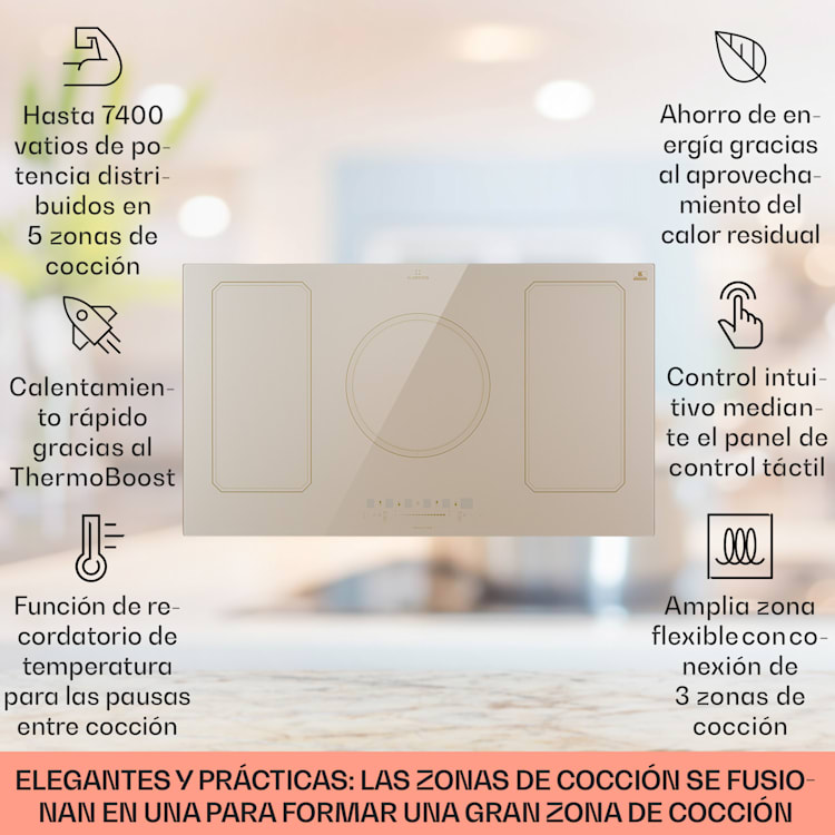 Placa de inducción Victoria 5 Flex Instalación 7400 W 2 Zonas flexibles Temporizador 5 | Marfil