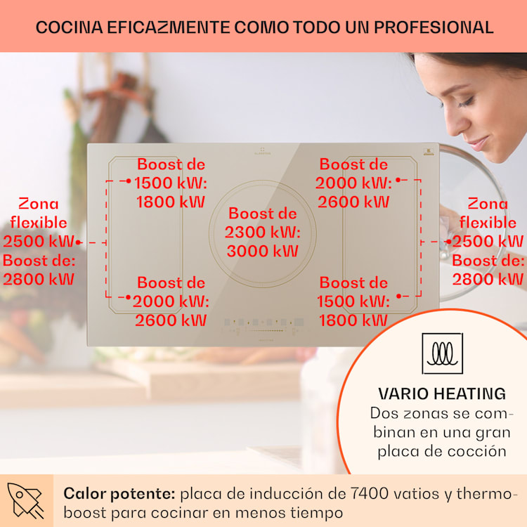 Placa de inducción Victoria 5 Flex Instalación 7400 W 2 Zonas flexibles Temporizador 5 | Marfil