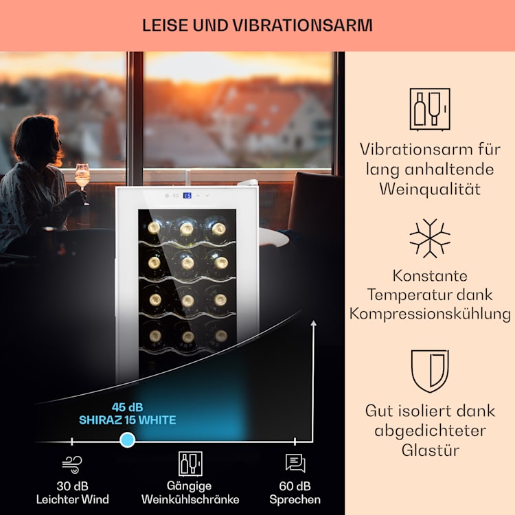 Shiraz 15 Slim Uno Weinkühlschrank 44l Touch-Bedienfeld 5-18°C 15 Flaschen | 1 Kühlzone | Weiß