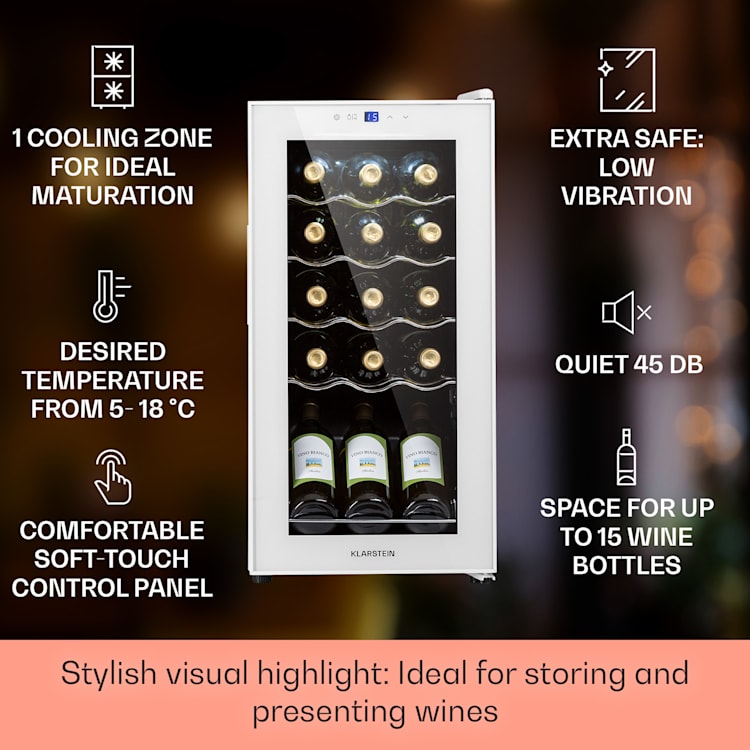 Shiraz 15 Slim Uno, vinotéka, 44 l, 135 W, 5–18°C, dotykové ovládanie, biela 15 fliaš | 1 chladiaca zóna | Biela