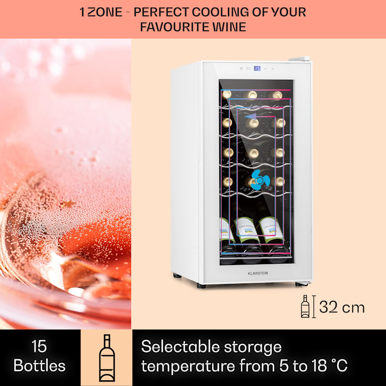 Shiraz 15 Slim Uno, vinotéka, 44 l, 135 W, 5–18°C, dotykové ovládanie, biela 15 fliaš | 1 chladiaca zóna | Biela