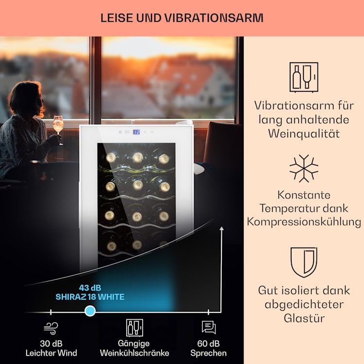 Shiraz 18 Slim Uno Weinkühlschrank 50l 18Fl Touch-Bedienfeld 5-18°C 50 Liter / 18 Flaschen | Weiß
