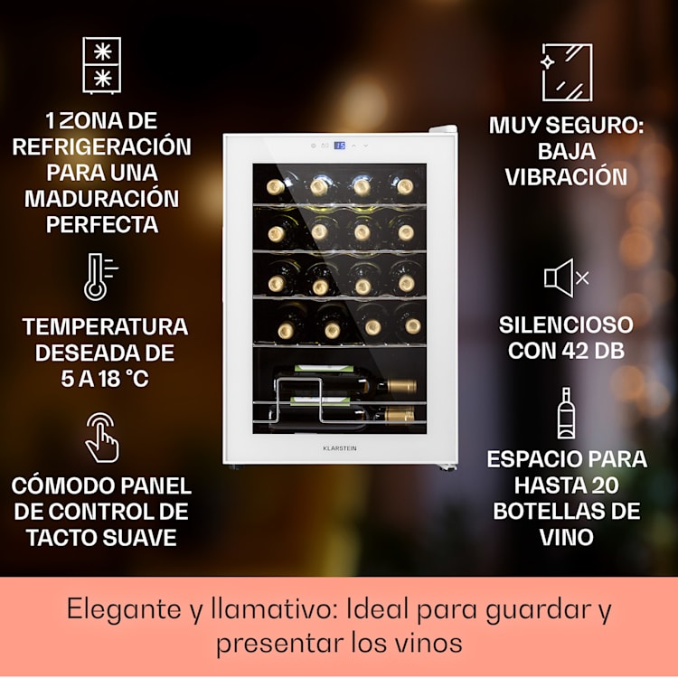 Klarstein Shiraz 20 Uno Vinoteca 53L 20 botellas panel de control táctil de 5 a 18 °C 53 litros/20 botellas | Blanco