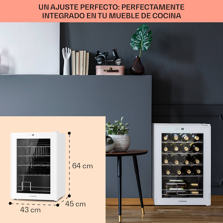 Klarstein Shiraz 20 Uno Vinoteca 53L 20 botellas panel de control táctil de 5 a 18 °C 53 litros/20 botellas | Blanco