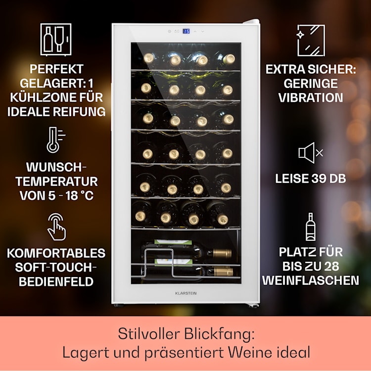 Shiraz 28 Uno Weinkühlschrank 74l 28Fl Touch-Bedienfeld 5-18°C 74 Liter / 28 Flaschen | Weiß