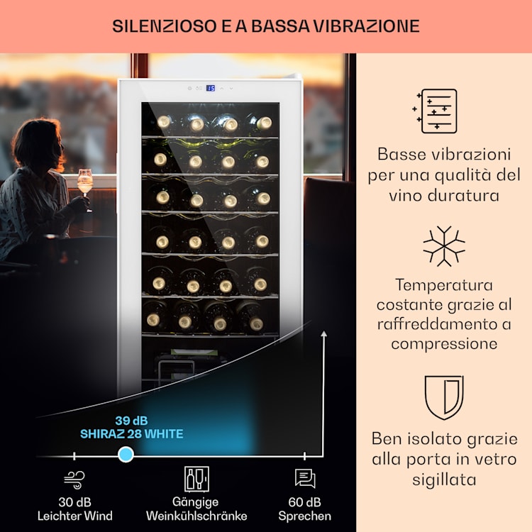 Shiraz 28 Uno - Frigorifero per vini, 74 l, 28 bottiglie, pannello di controllo touch, 5-18°C 28 bottiglie | 1 zona di raffreddamento | Bianco