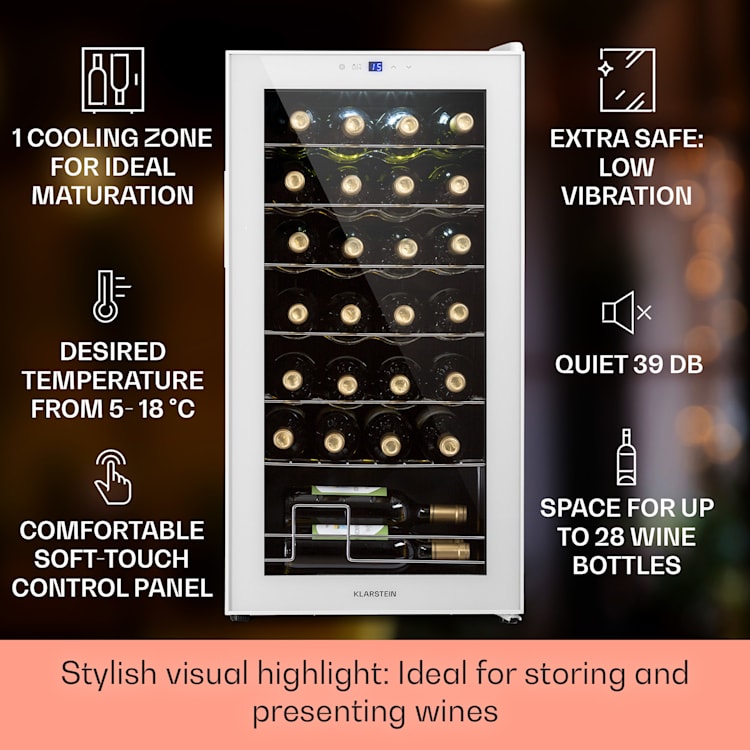 Shiraz 28 Uno, chłodziarka do wina, 74 l, 28 butelek, dotykowy panel sterowania, 5-18°C 28 butelek | 1 strefa chłodzenia | Białe Szkło