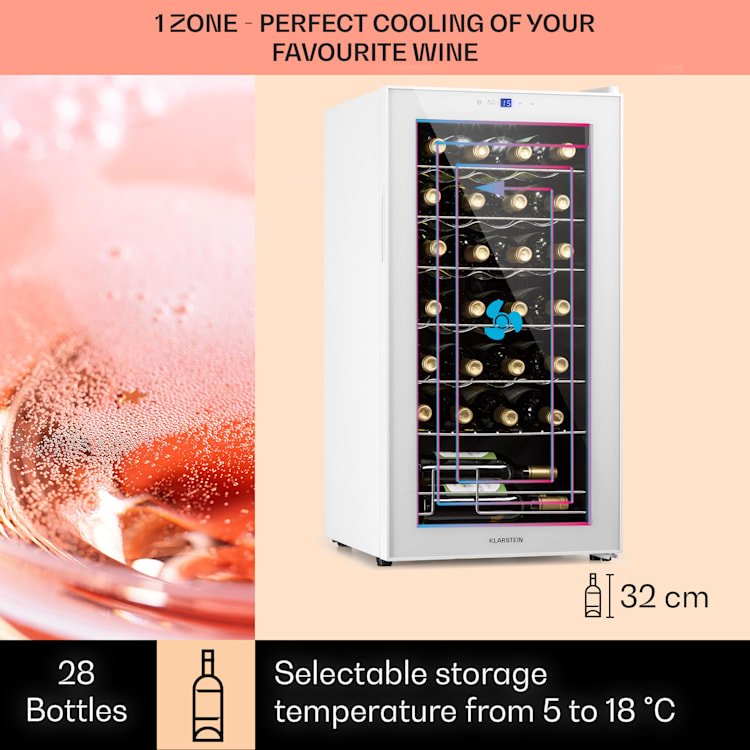Shiraz 28 Uno, chłodziarka do wina, 74 l, 28 butelek, dotykowy panel sterowania, 5-18°C 28 butelek | 1 strefa chłodzenia | Białe Szkło