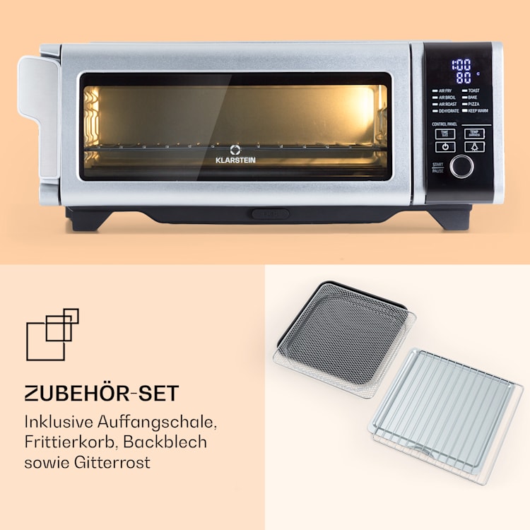 Vita-Crisp Heißluftfritteuse 1700W 10L 8 Funktionen platzsparend Silber