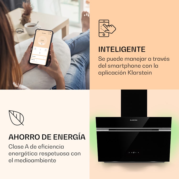 Alina 60 Smart Campana extractora 60 cm 594 m³/h luz LED ambiental frontal de vidrio 60 cm | Negro