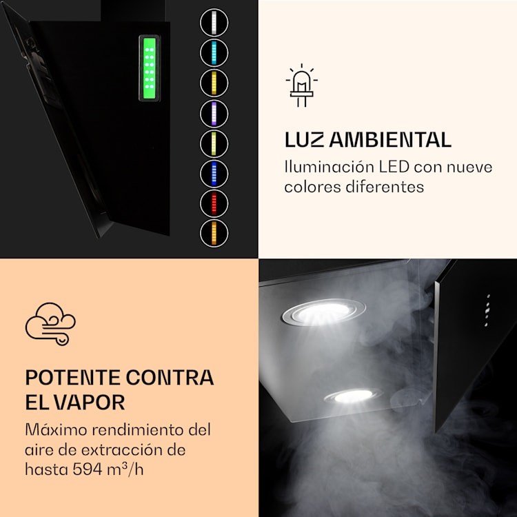 Alina 60 Smart Campana extractora 60 cm 594 m³/h luz LED ambiental frontal de vidrio 60 cm | Negro