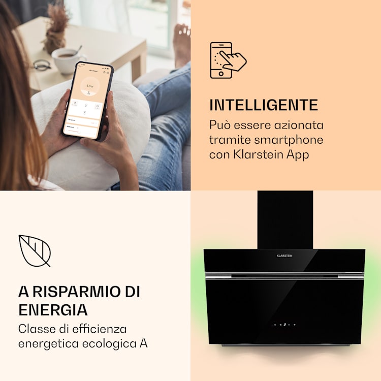 Alina 60 Smart Cappa aspirante 60 cm 594 m³/h LED Luce ambiente Vetro frontale 60 cm | Nero
