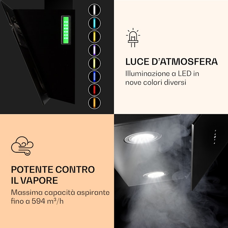 Alina 60 Smart Cappa aspirante 60 cm 594 m³/h LED Luce ambiente Vetro frontale 60 cm | Nero