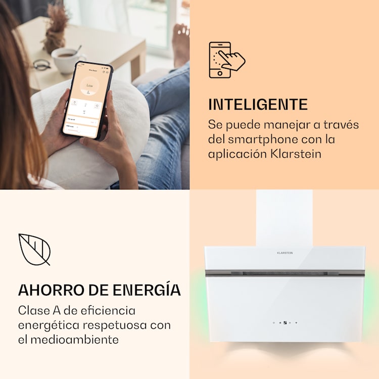 Alina 60 Smart Campana extractora 60 cm 594 m³/h luz LED ambiental frontal de vidrio 60 cm | Blanco
