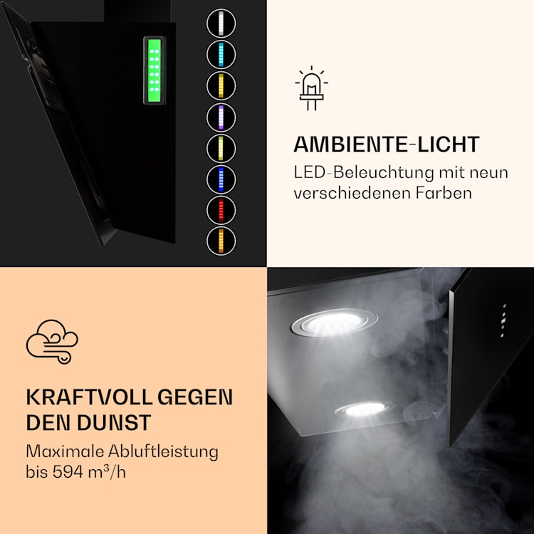 Alina 90 Smart Dunstabzugshaube 90 cm 594 m³/h LED Ambiente-Licht Glasfront 90 cm | Schwarz