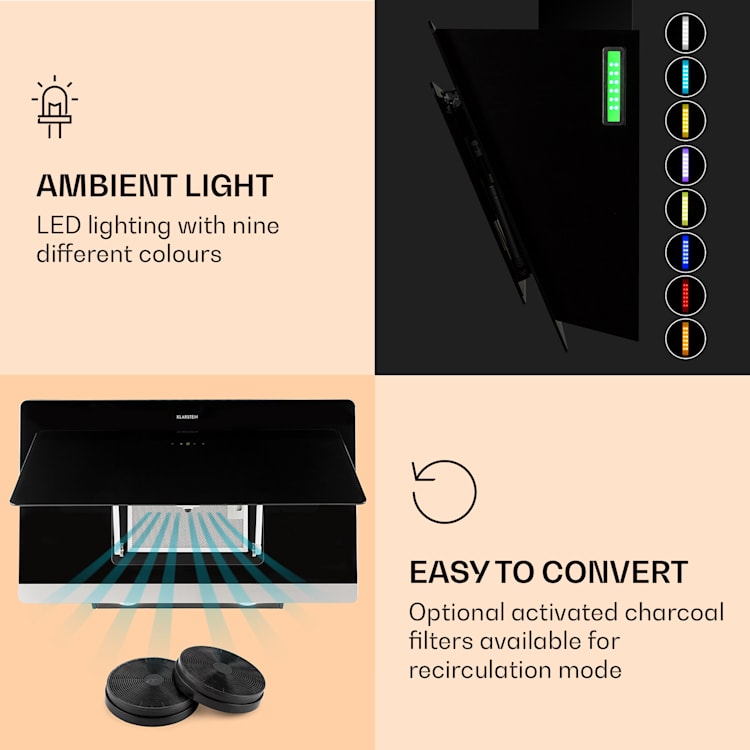 Exaustor Aurora Smart 90 550 m³/h 90cm sem cabeça luz ambiente CEE A++ 90 cm | Preto