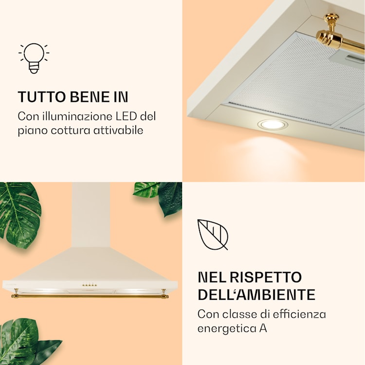 Montblanc 90 - Cappa aspirante, 610 m³/h, 165 W, 2 x 1,5 W, LED, barra per utensili Crema vintage