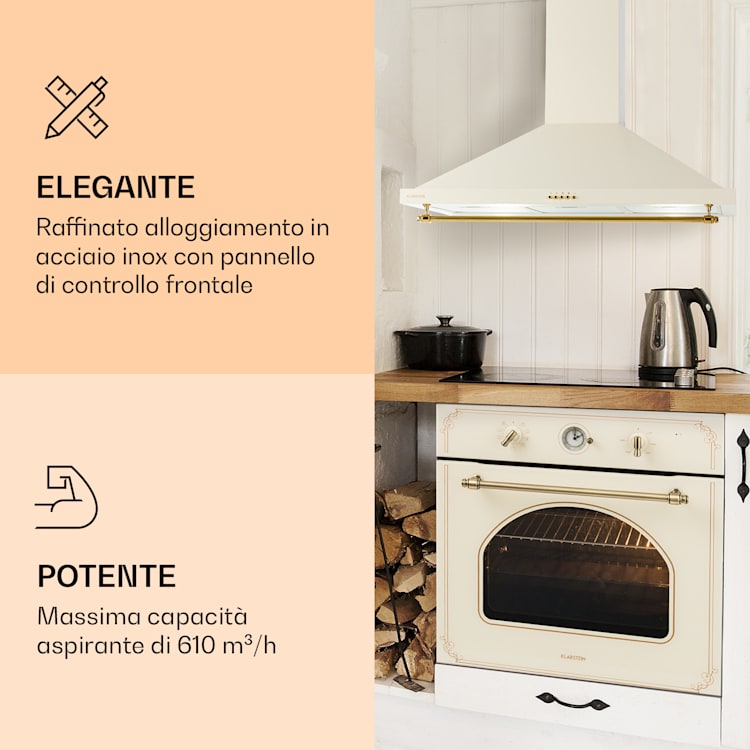 Montblanc 90 - Cappa aspirante, 610 m³/h, 165 W, 2 x 1,5 W, LED, barra per utensili Crema vintage