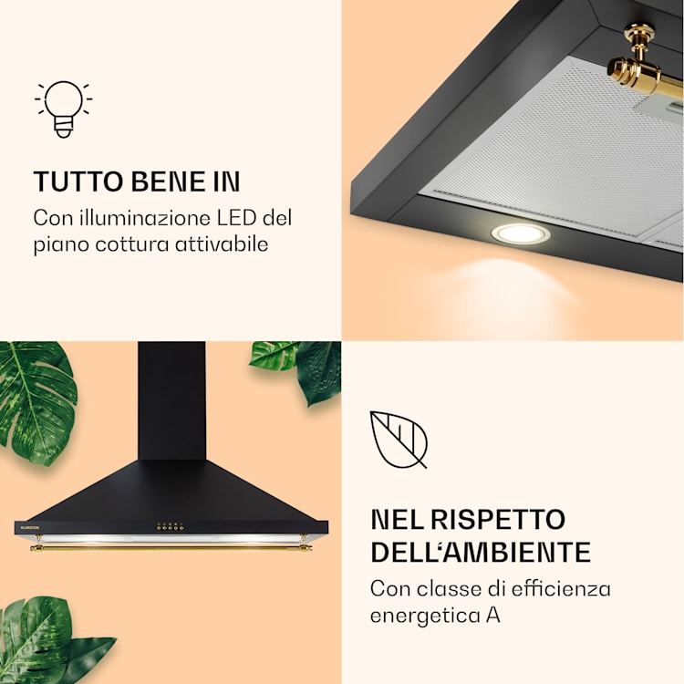 Montblanc 90 - Cappa aspirante, 610 m³/h, 165 W, 2 x 1,5 W, LED, barra per utensili Nero