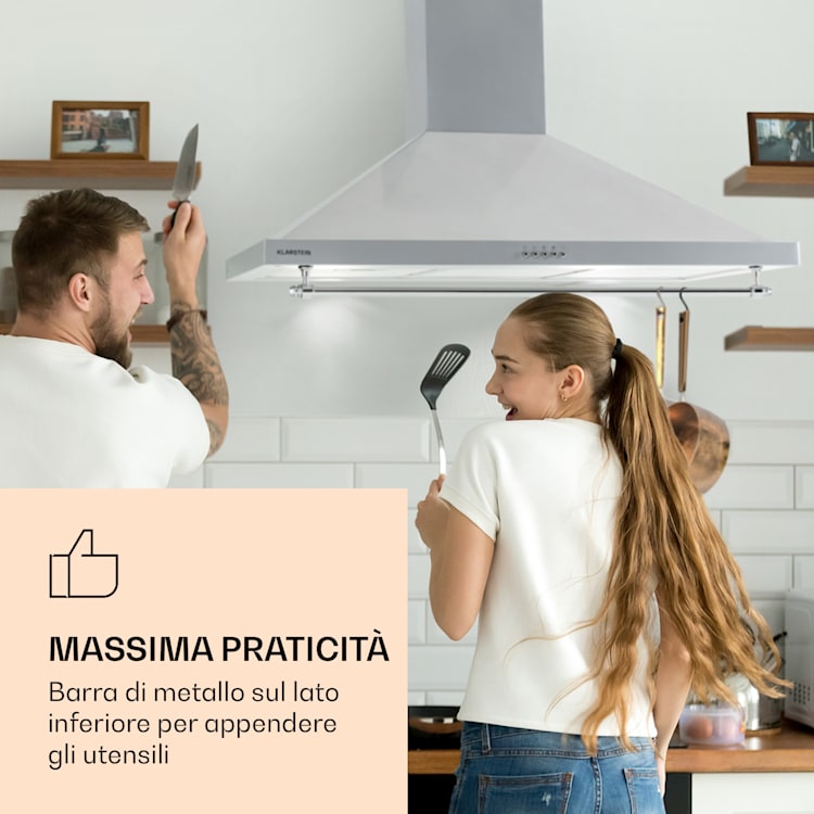 Montblanc 90 - Cappa aspirante, 610 m³/h, 165 W, 2 x 1,5 W, LED, barra per utensili Argento metallizzato