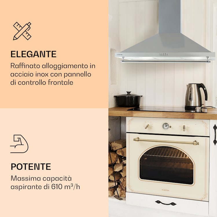 Montblanc 90 - Cappa aspirante, 610 m³/h, 165 W, 2 x 1,5 W, LED, barra per utensili Argento metallizzato