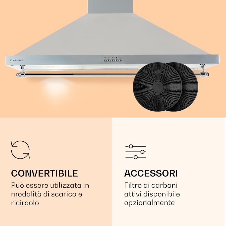 Montblanc 90 - Cappa aspirante, 610 m³/h, 165 W, 2 x 1,5 W, LED, barra per utensili Argento metallizzato