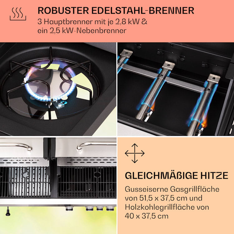 Kingsville 3.1 Kombigrill Gas + Kohle 10,9 kW 3+1 Brenner 3 Hauptbrenner + 1 Nebenbrenner