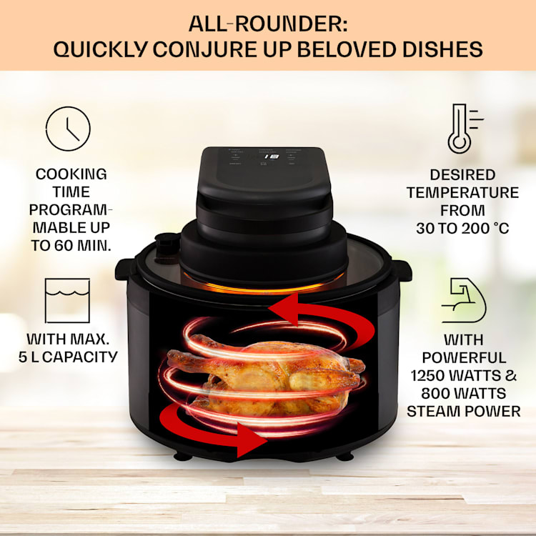 Fritadeira de Ar Quente Vendure com função de vapor 1250W 5 Litros 6 Programas Preto