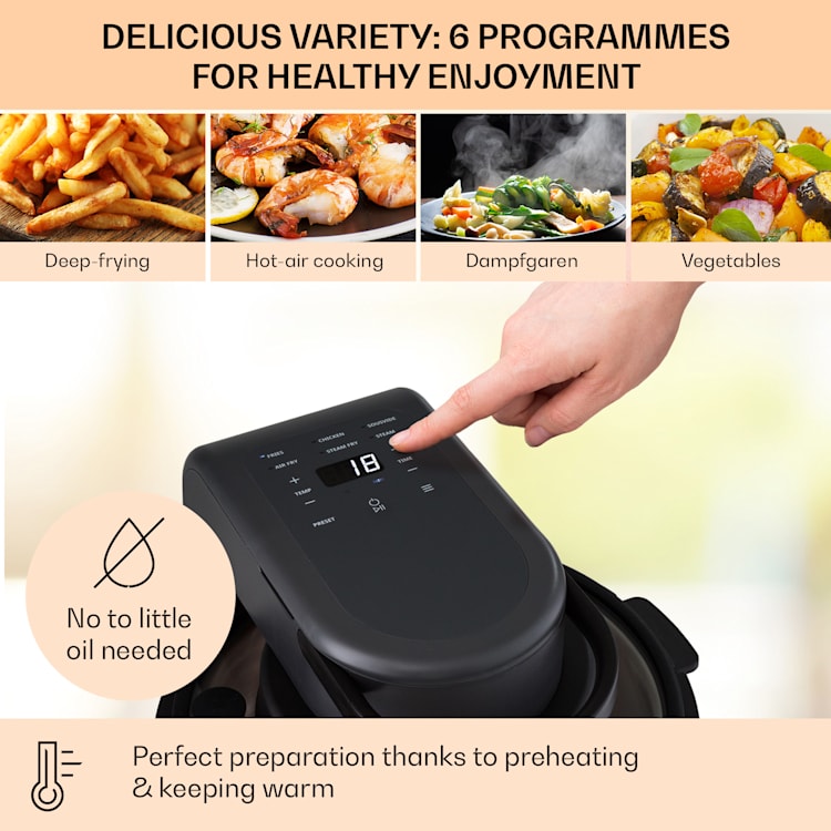 Fritadeira de Ar Quente Vendure com função de vapor 1250W 5 Litros 6 Programas Preto